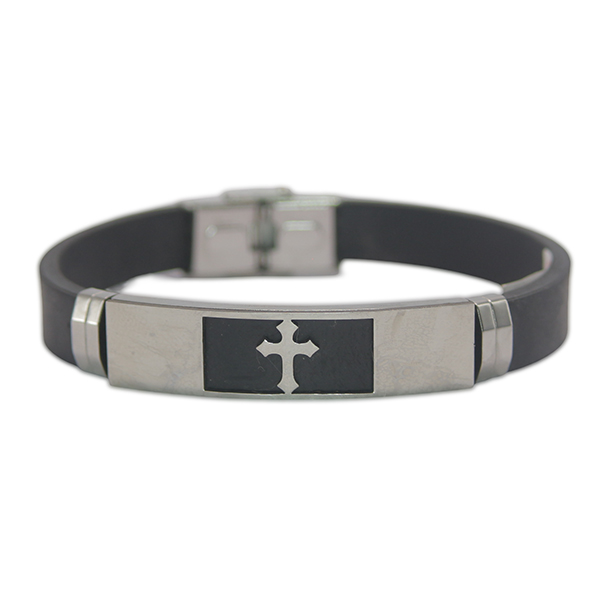 Pulseira em borracha e aço prata cruz