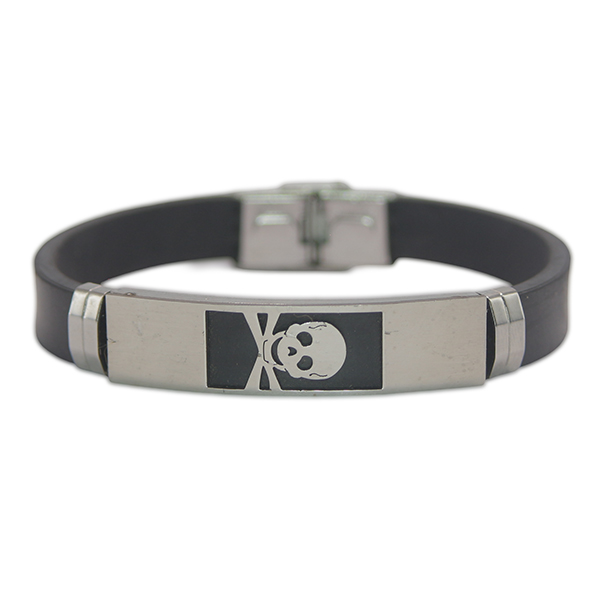 Pulseira em borracha e aço prata caveira